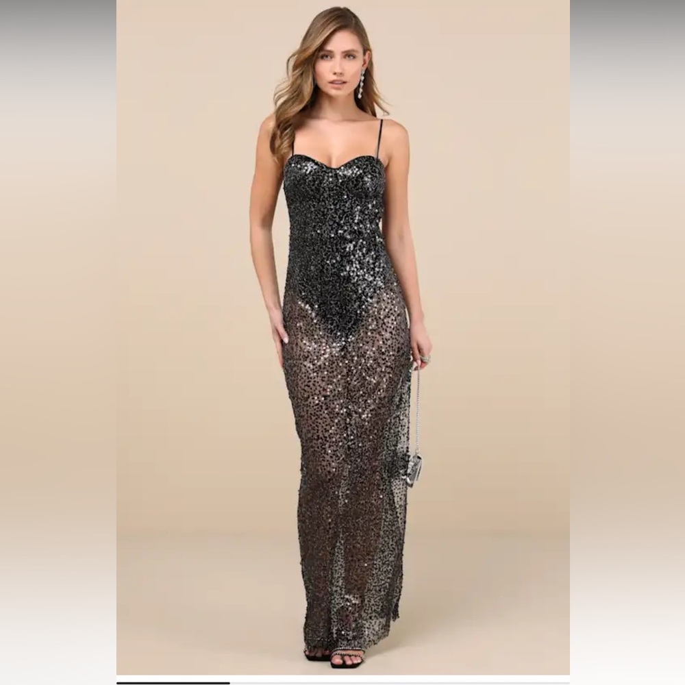 Lulu's Black sheer mesh sequence lace up maxi dress